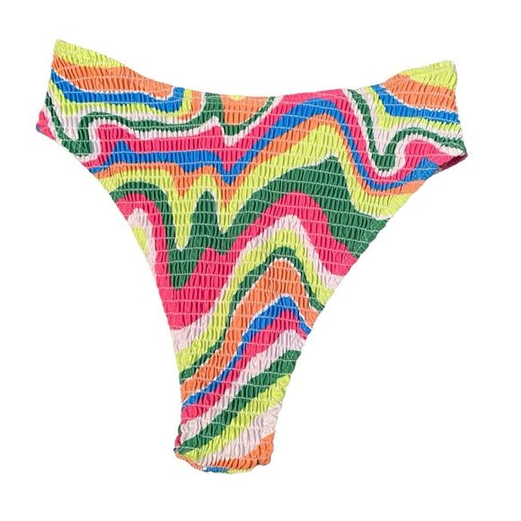 Amazon Womens M Smocked Triangle Bikini Set Rainbow Swirl Scrunch Multicolor New - Picture 4 of 7